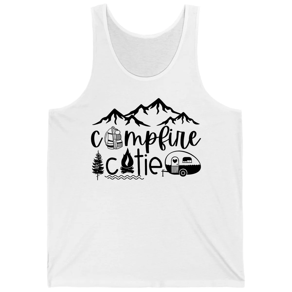 Campfire cutie camping design with mountains, backpack, camper trailer, campfire, and pine tree in white on gray background in White