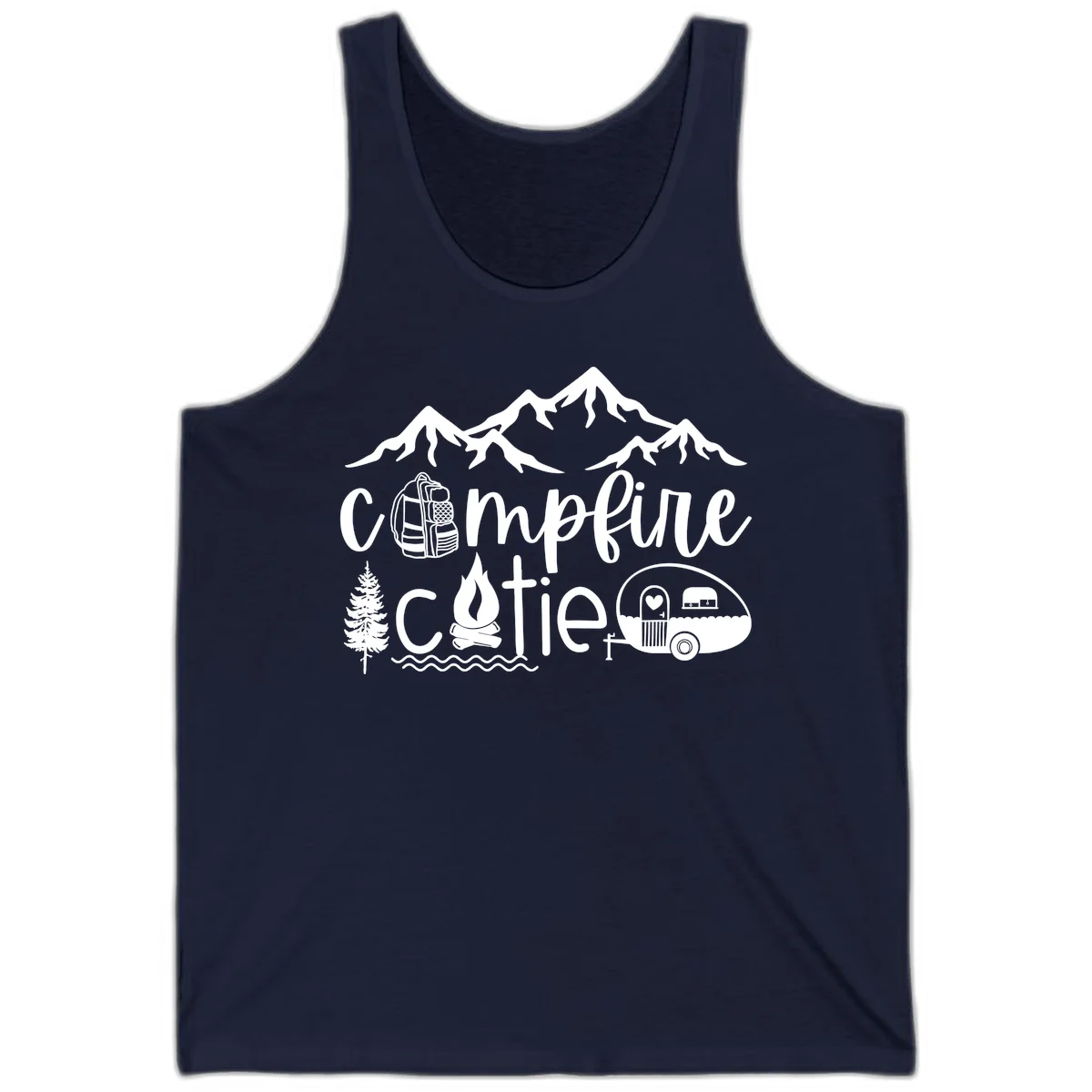 Campfire cutie camping design with mountains, backpack, camper trailer, campfire, and pine tree in white on gray background in Navy