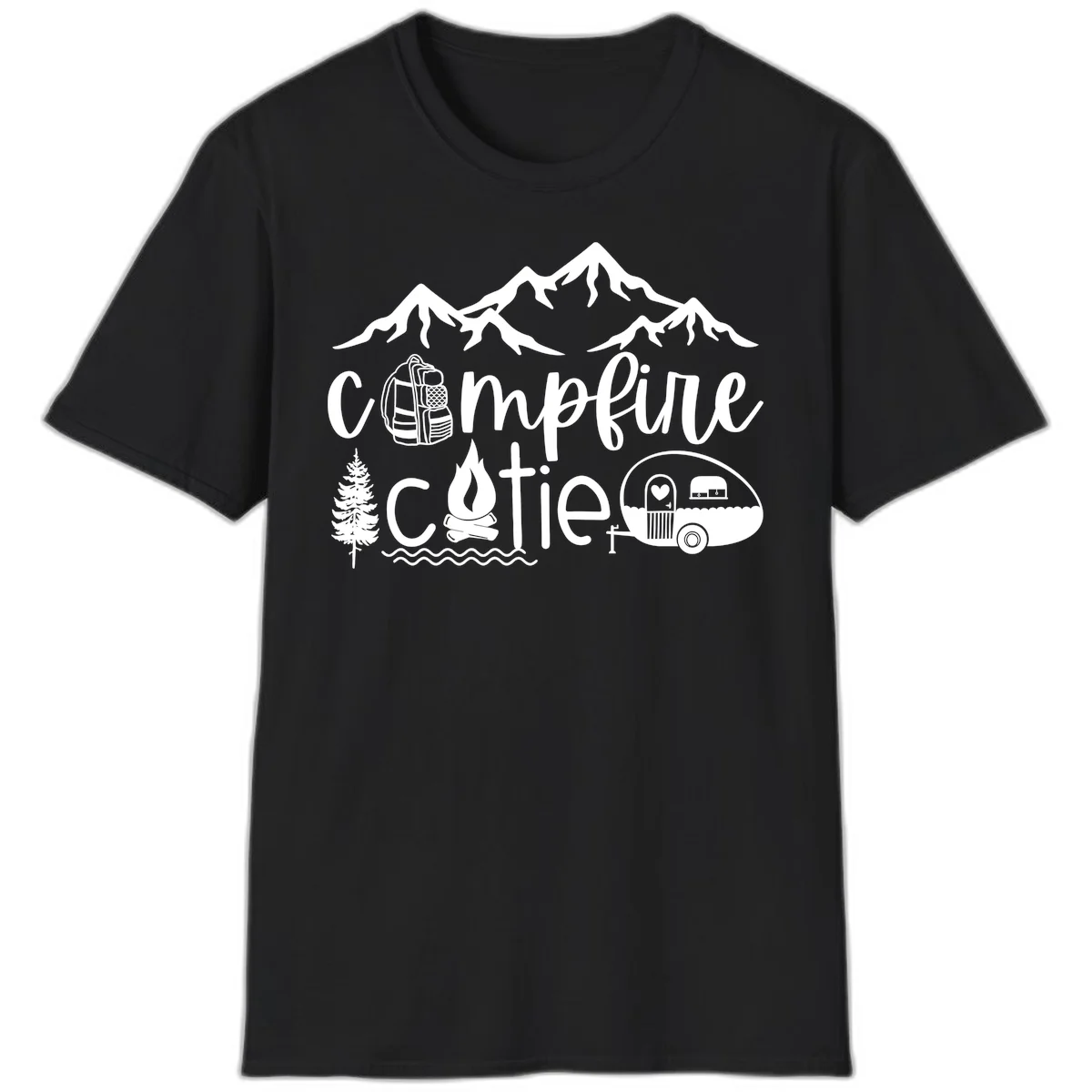 Campfire cutie camping design with mountains, backpack, camper trailer, campfire, and pine tree in white on gray background in Black