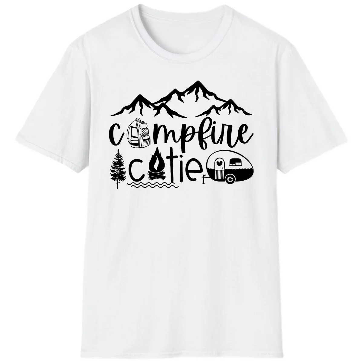 Campfire cutie camping design with mountains, backpack, camper trailer, campfire, and pine tree in white on gray background in White