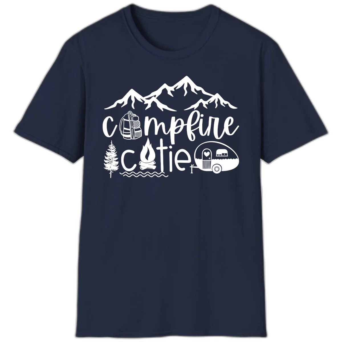 Campfire cutie camping design with mountains, backpack, camper trailer, campfire, and pine tree in white on gray background in Navy