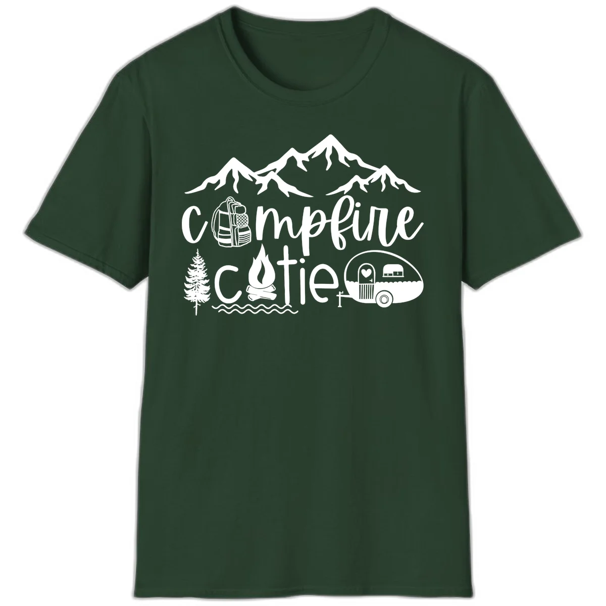 Campfire cutie camping design with mountains, backpack, camper trailer, campfire, and pine tree in white on gray background in Forest Green