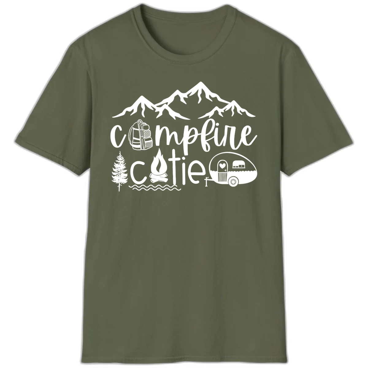 Campfire cutie camping design with mountains, backpack, camper trailer, campfire, and pine tree in white on gray background in Military Green