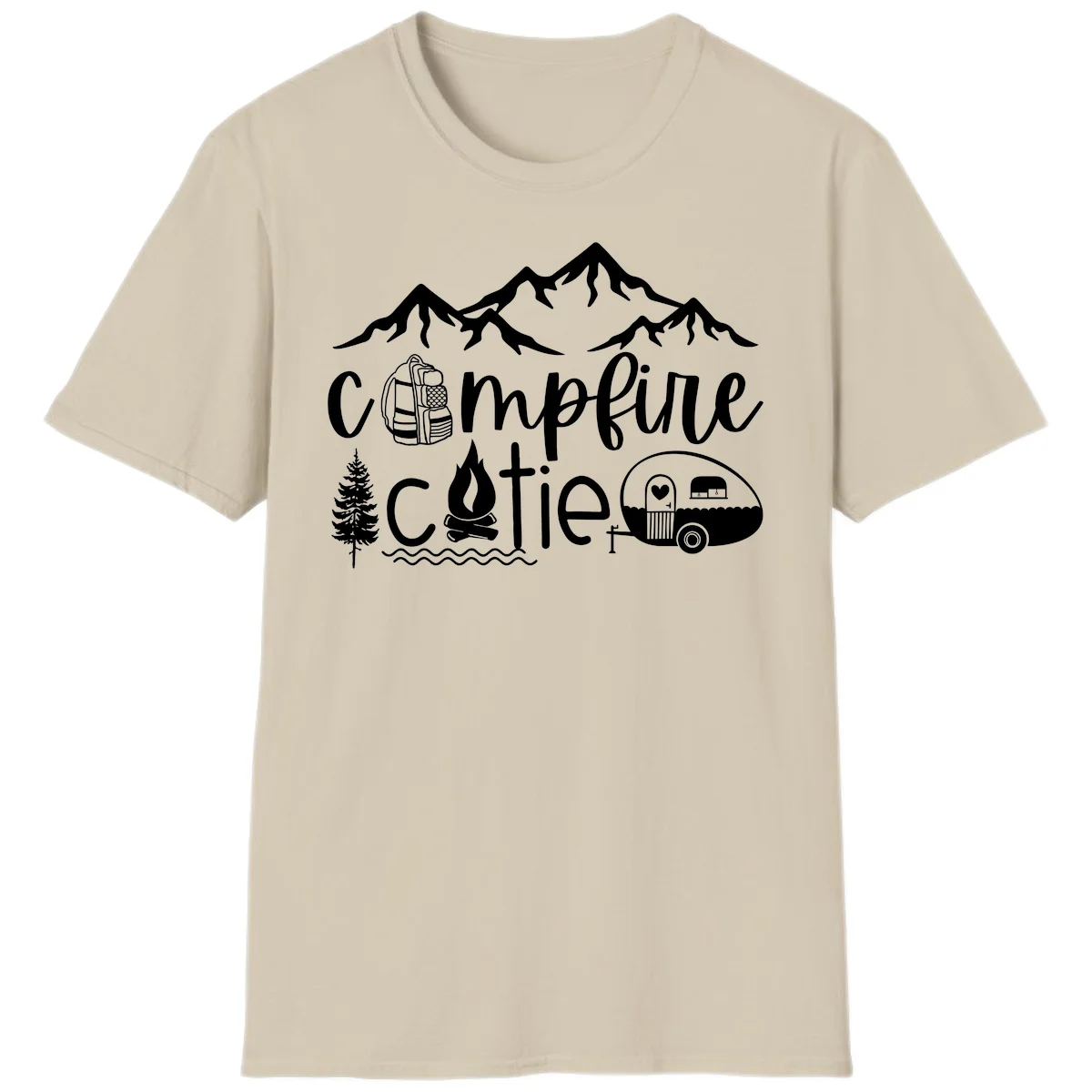 Campfire cutie camping design with mountains, backpack, camper trailer, campfire, and pine tree in white on gray background in Sand