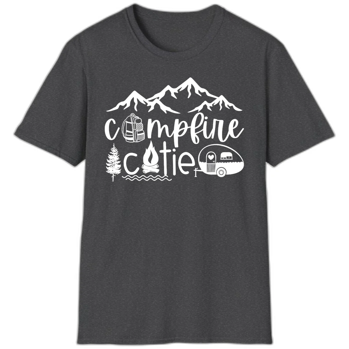 Campfire cutie camping design with mountains, backpack, camper trailer, campfire, and pine tree in white on gray background in Dark Heather