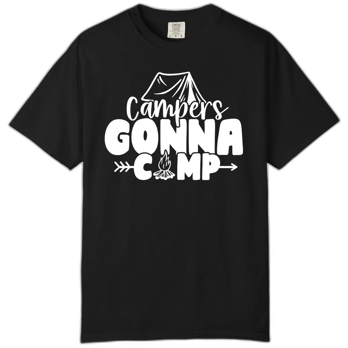 White text design reading 'Campers GONNA CAMP' with tent and campfire illustrations on gray background in Black