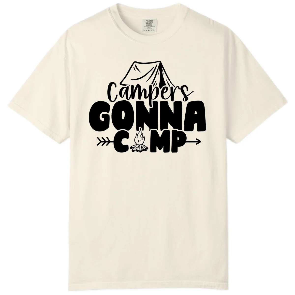 White text design reading 'Campers GONNA CAMP' with tent and campfire illustrations on gray background in Ivory