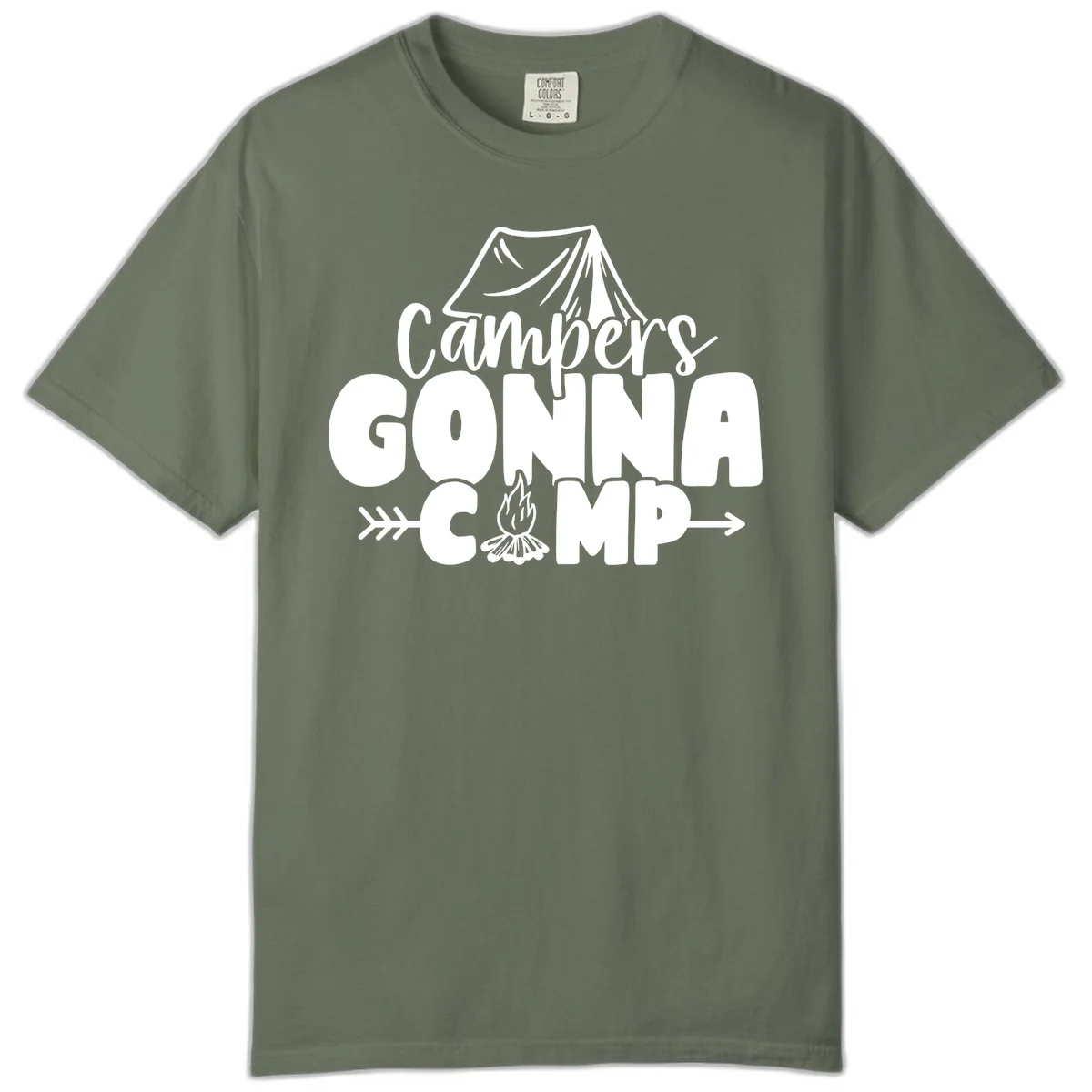 White text design reading 'Campers GONNA CAMP' with tent and campfire illustrations on gray background in Moss