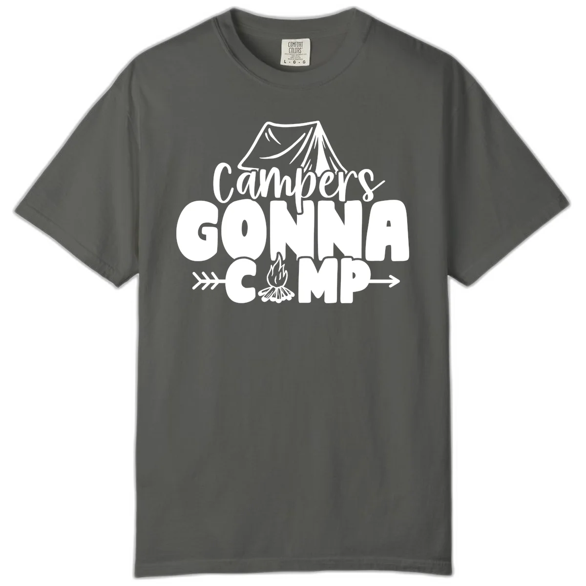 White text design reading 'Campers GONNA CAMP' with tent and campfire illustrations on gray background in Pepper