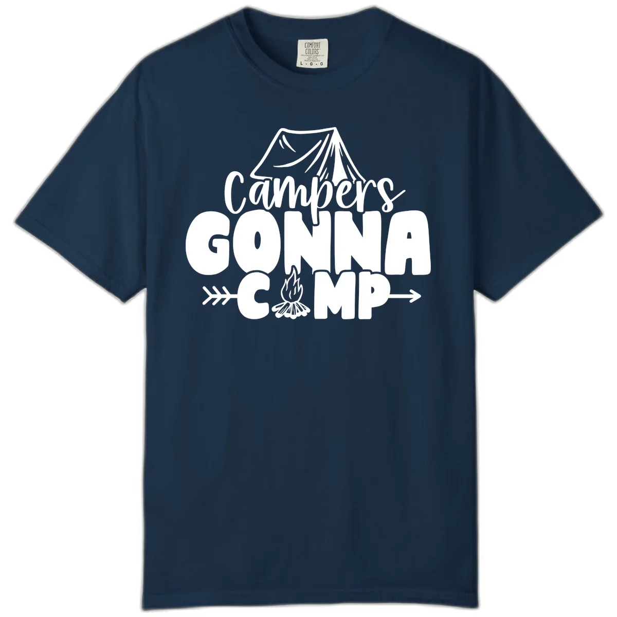 White text design reading 'Campers GONNA CAMP' with tent and campfire illustrations on gray background in True Navy