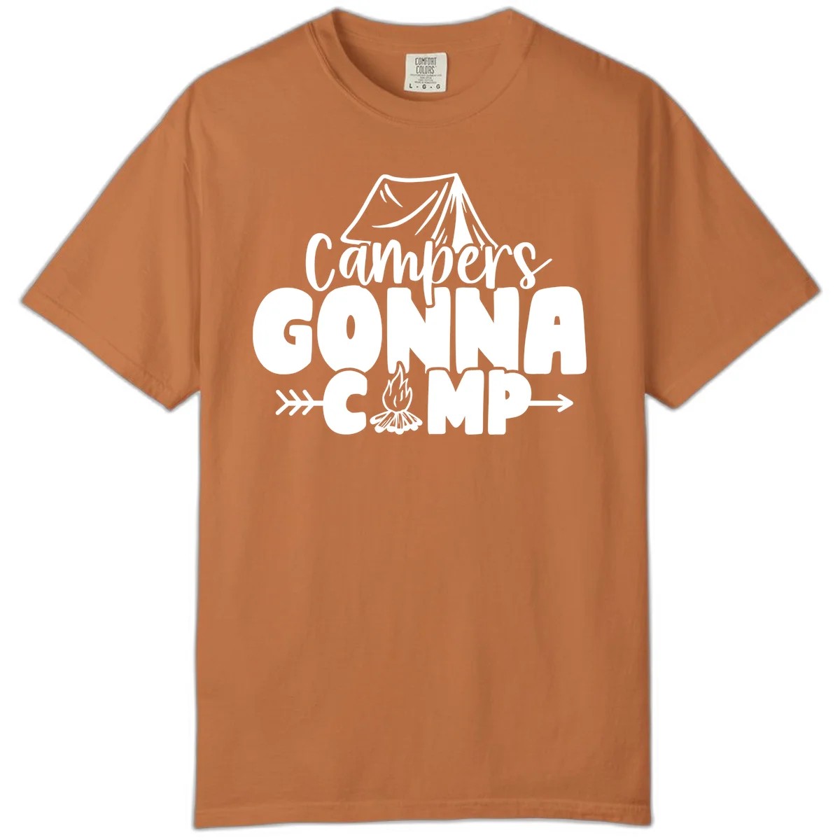 White text design reading 'Campers GONNA CAMP' with tent and campfire illustrations on gray background in Yam