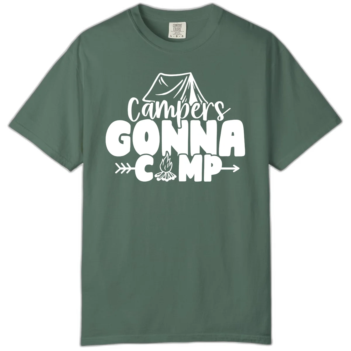 White text design reading 'Campers GONNA CAMP' with tent and campfire illustrations on gray background in Blue Spruce