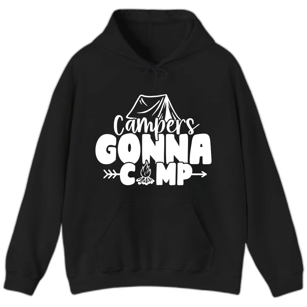White text design reading 'Campers GONNA CAMP' with tent and campfire illustrations on gray background in Black