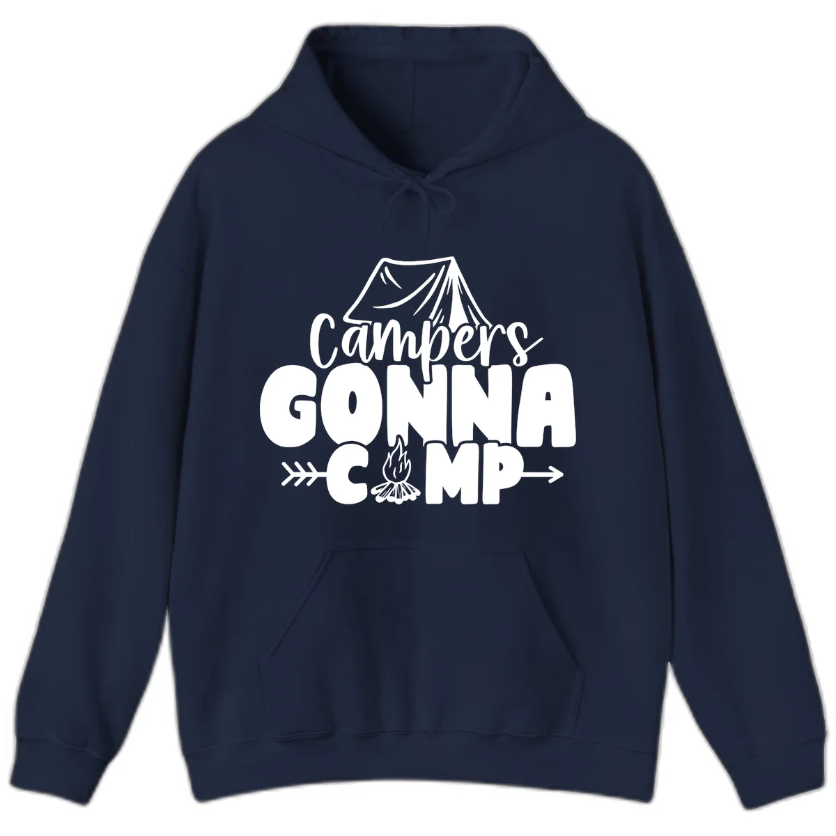 White text design reading 'Campers GONNA CAMP' with tent and campfire illustrations on gray background in Navy