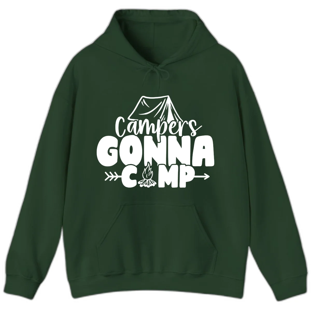 White text design reading 'Campers GONNA CAMP' with tent and campfire illustrations on gray background in Forest Green