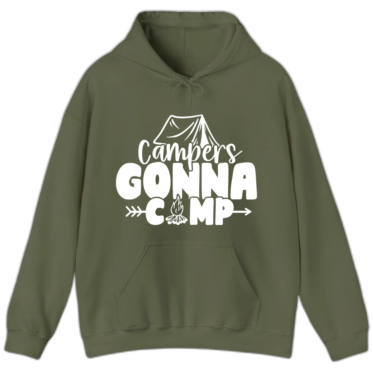 White text design reading 'Campers GONNA CAMP' with tent and campfire illustrations on gray background in Military Green