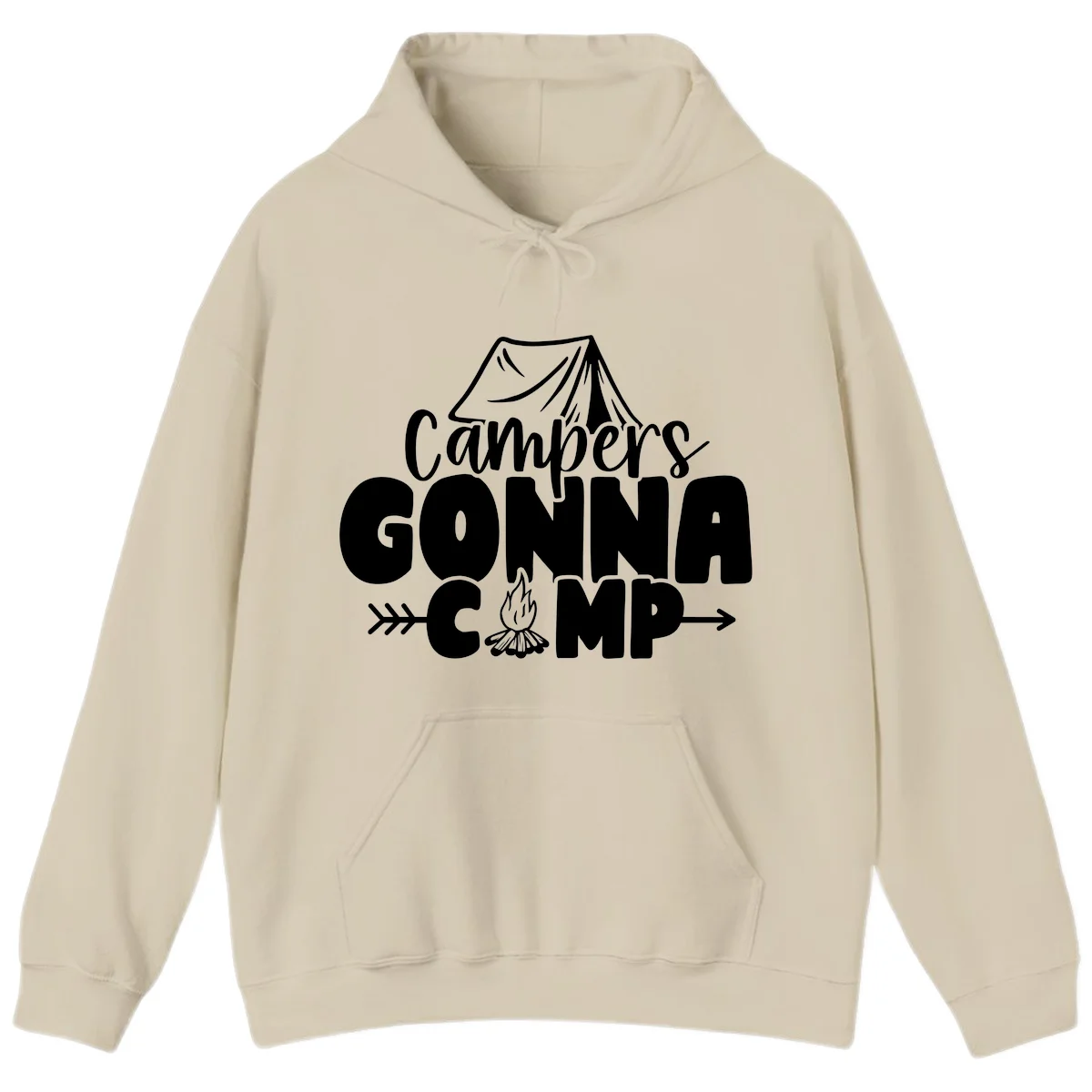 White text design reading 'Campers GONNA CAMP' with tent and campfire illustrations on gray background in Sand