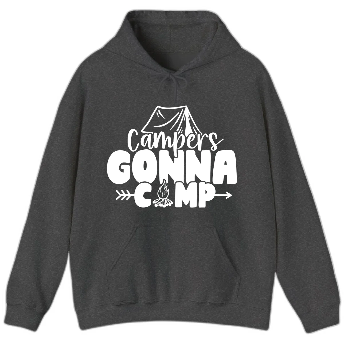 White text design reading 'Campers GONNA CAMP' with tent and campfire illustrations on gray background in Dark Heather