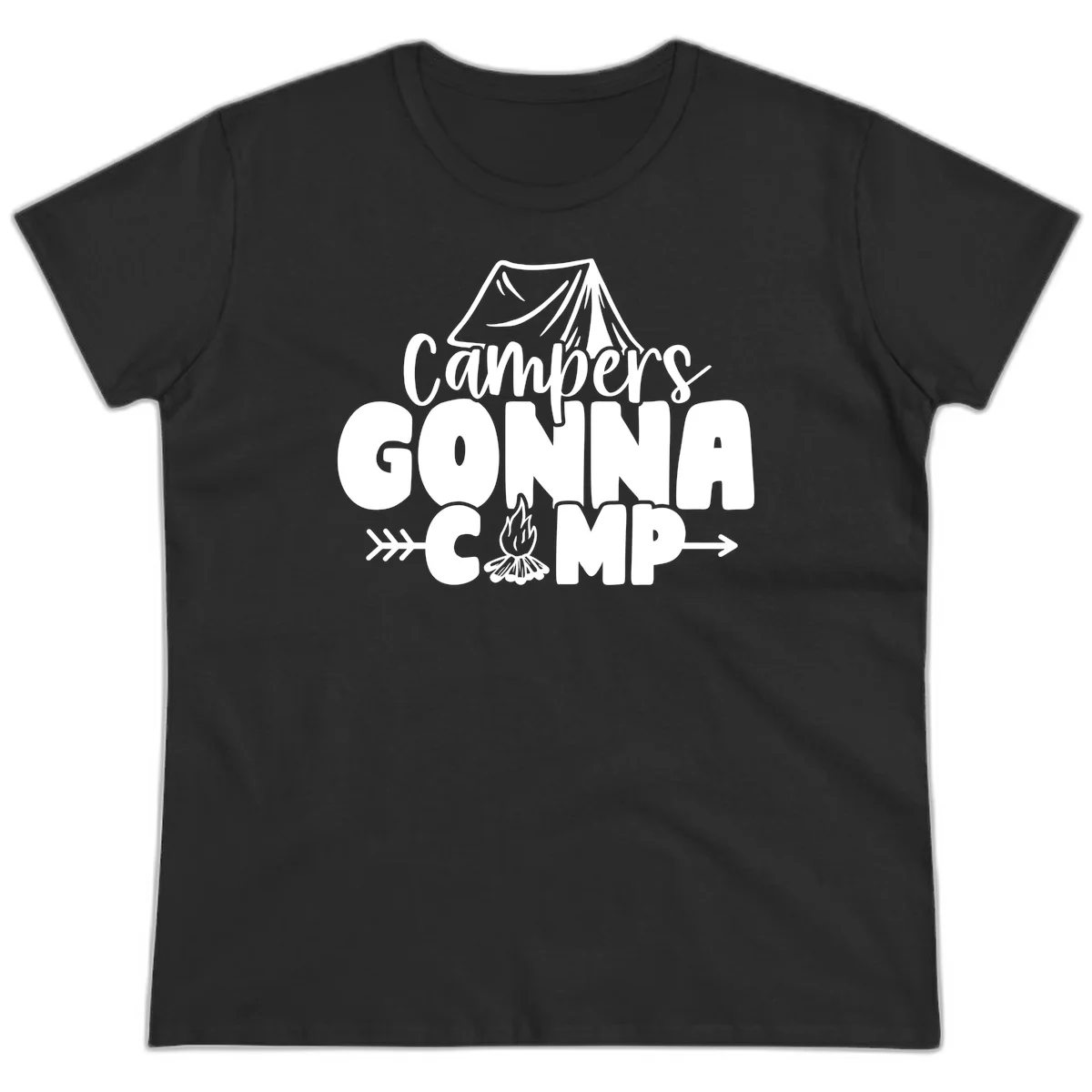 White text design reading 'Campers GONNA CAMP' with tent and campfire illustrations on gray background in Black