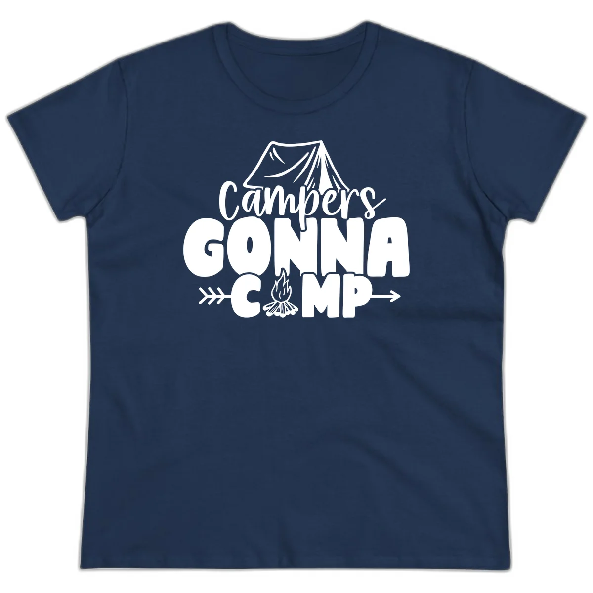 White text design reading 'Campers GONNA CAMP' with tent and campfire illustrations on gray background in Navy