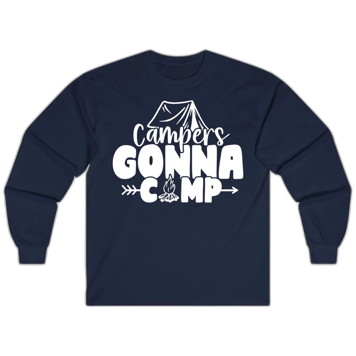 White text design reading 'Campers GONNA CAMP' with tent and campfire illustrations on gray background in Navy