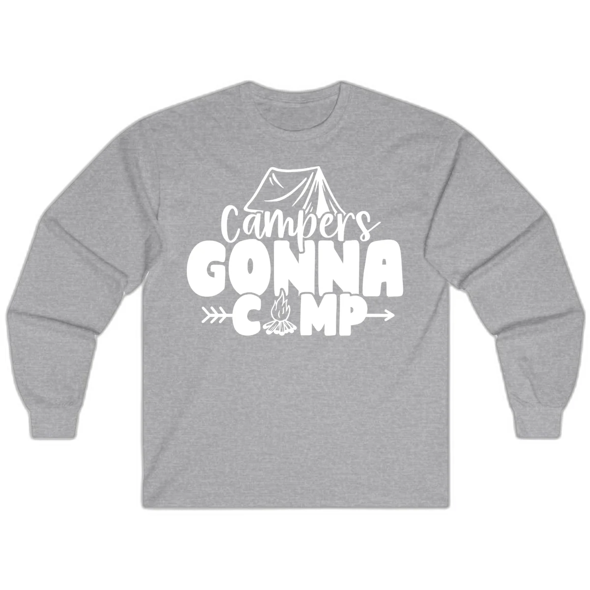 White text design reading 'Campers GONNA CAMP' with tent and campfire illustrations on gray background in Sport Grey