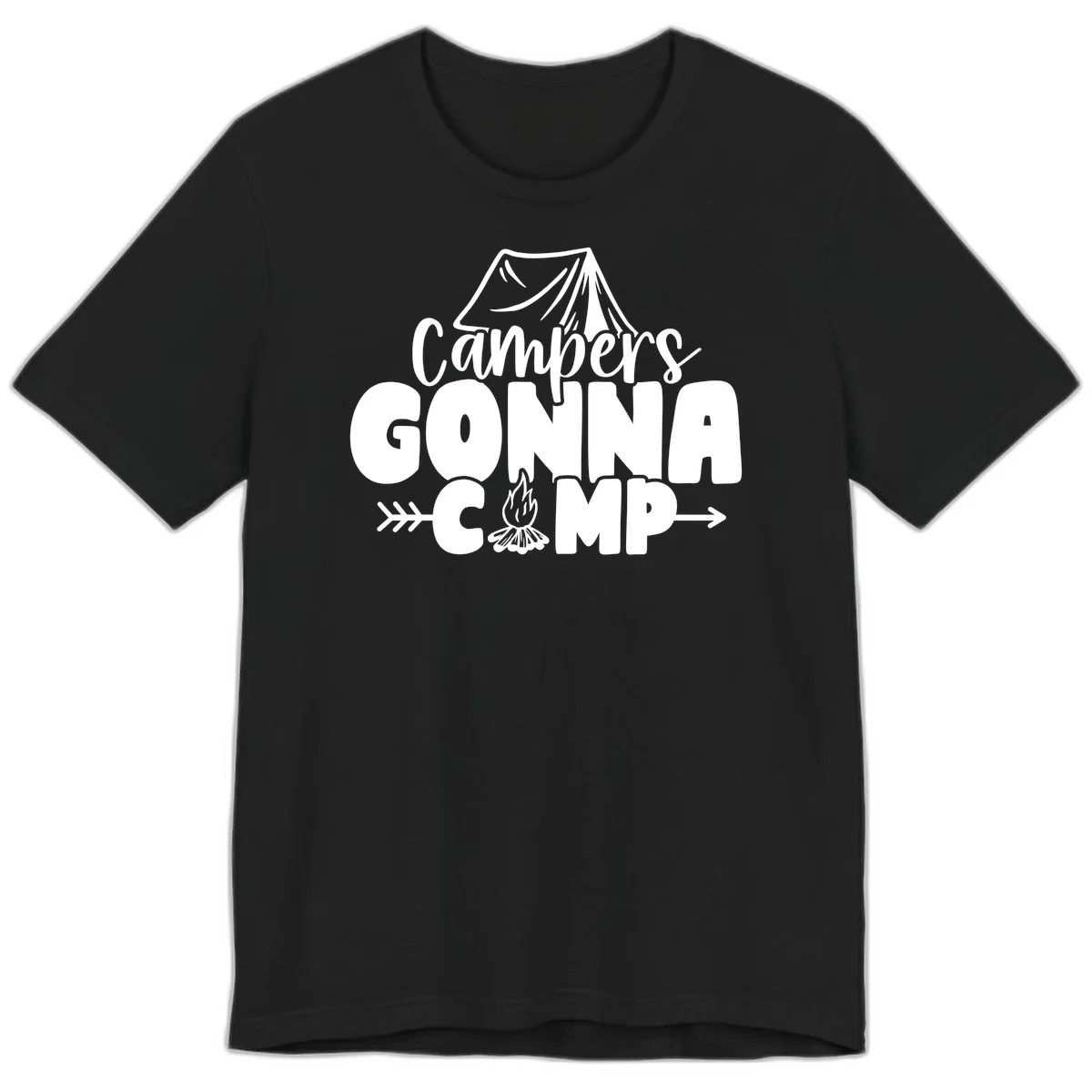 White text design reading 'Campers GONNA CAMP' with tent and campfire illustrations on gray background in Black