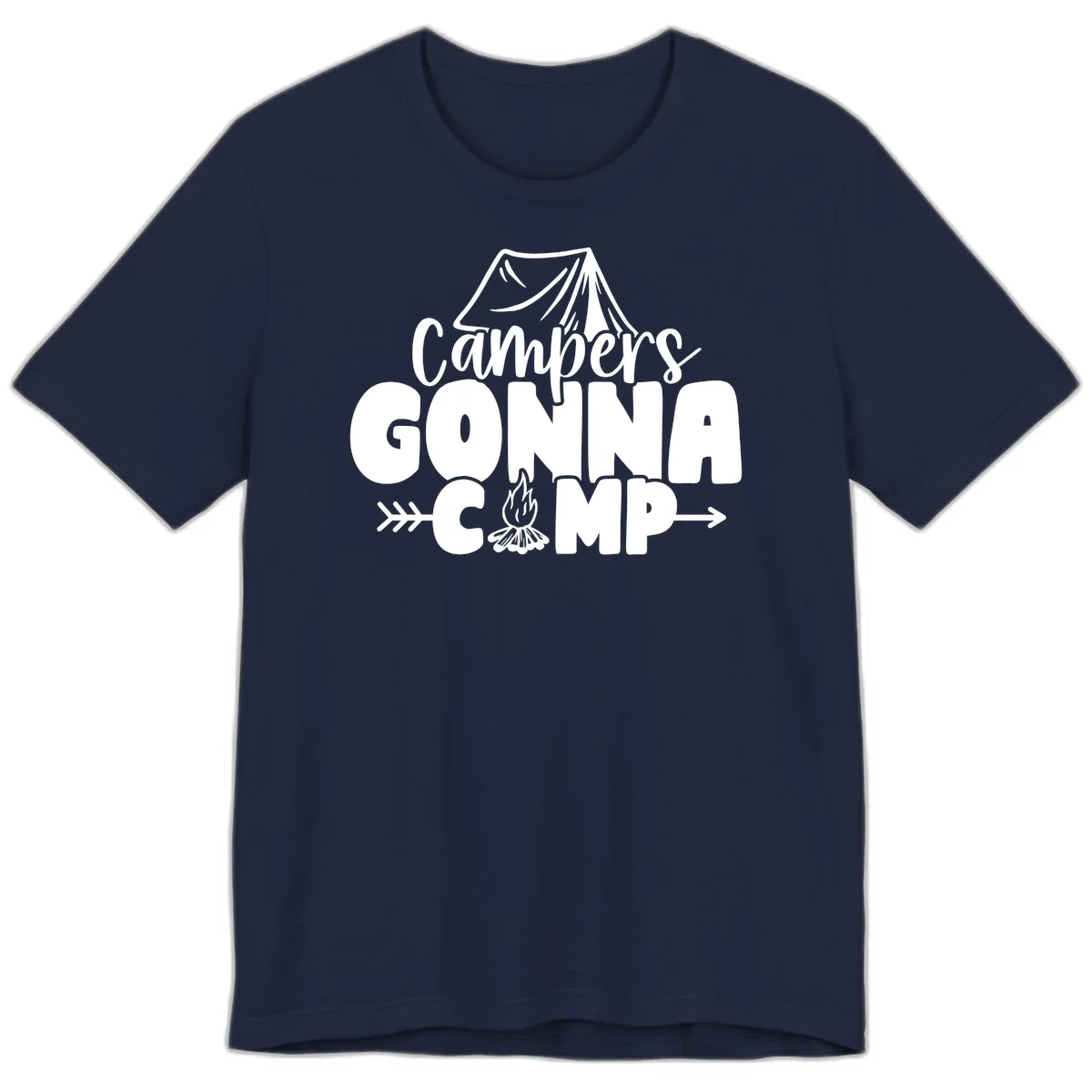 White text design reading 'Campers GONNA CAMP' with tent and campfire illustrations on gray background in Navy