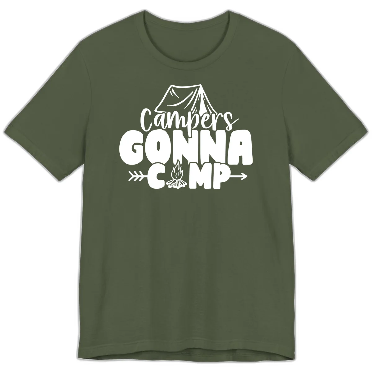 White text design reading 'Campers GONNA CAMP' with tent and campfire illustrations on gray background in Military Green