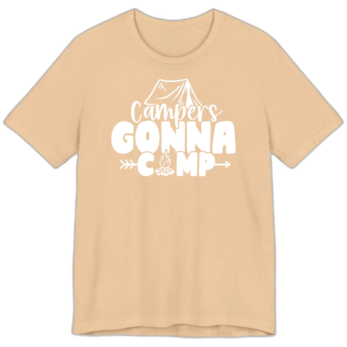 White text design reading 'Campers GONNA CAMP' with tent and campfire illustrations on gray background in Sand Dune
