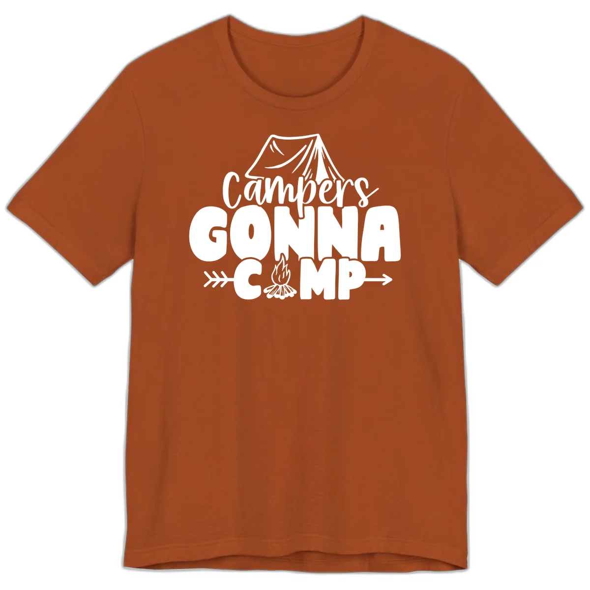White text design reading 'Campers GONNA CAMP' with tent and campfire illustrations on gray background in Autumn