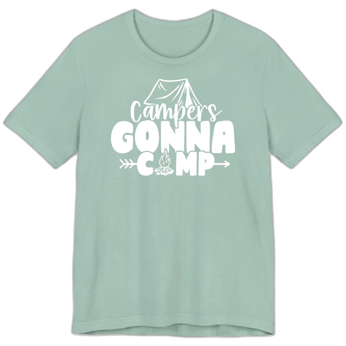 White text design reading 'Campers GONNA CAMP' with tent and campfire illustrations on gray background in Dusty Blue