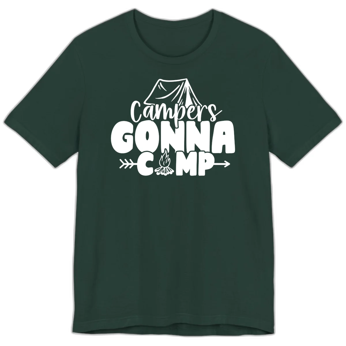 White text design reading 'Campers GONNA CAMP' with tent and campfire illustrations on gray background in Forest