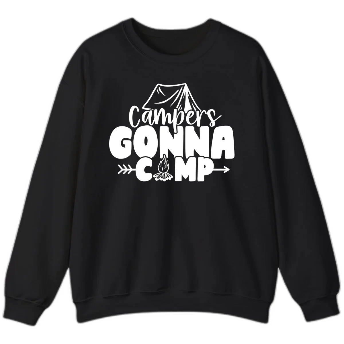 White text design reading 'Campers GONNA CAMP' with tent and campfire illustrations on gray background in Black