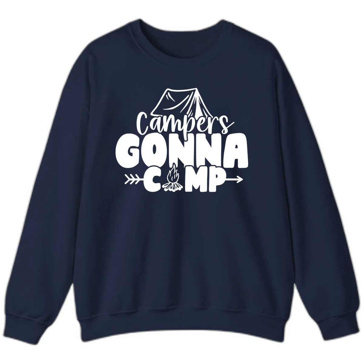 White text design reading 'Campers GONNA CAMP' with tent and campfire illustrations on gray background in Navy