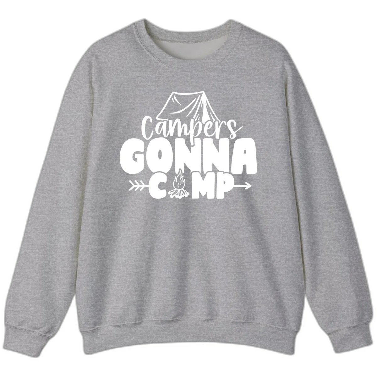 White text design reading 'Campers GONNA CAMP' with tent and campfire illustrations on gray background in Sport Grey