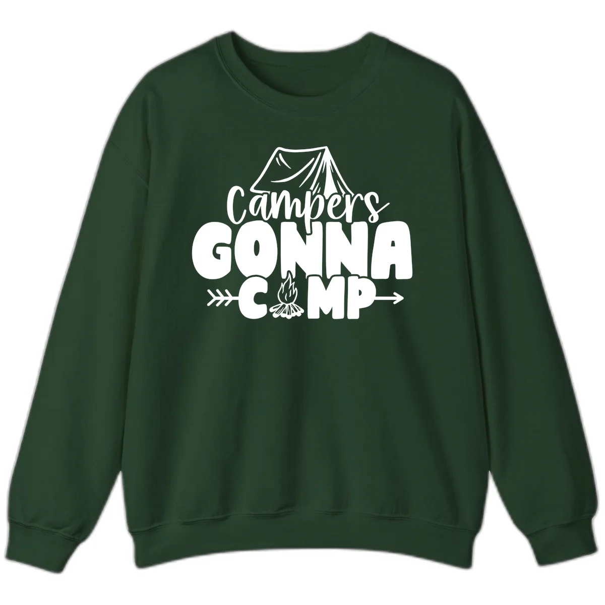 White text design reading 'Campers GONNA CAMP' with tent and campfire illustrations on gray background in Forest Green