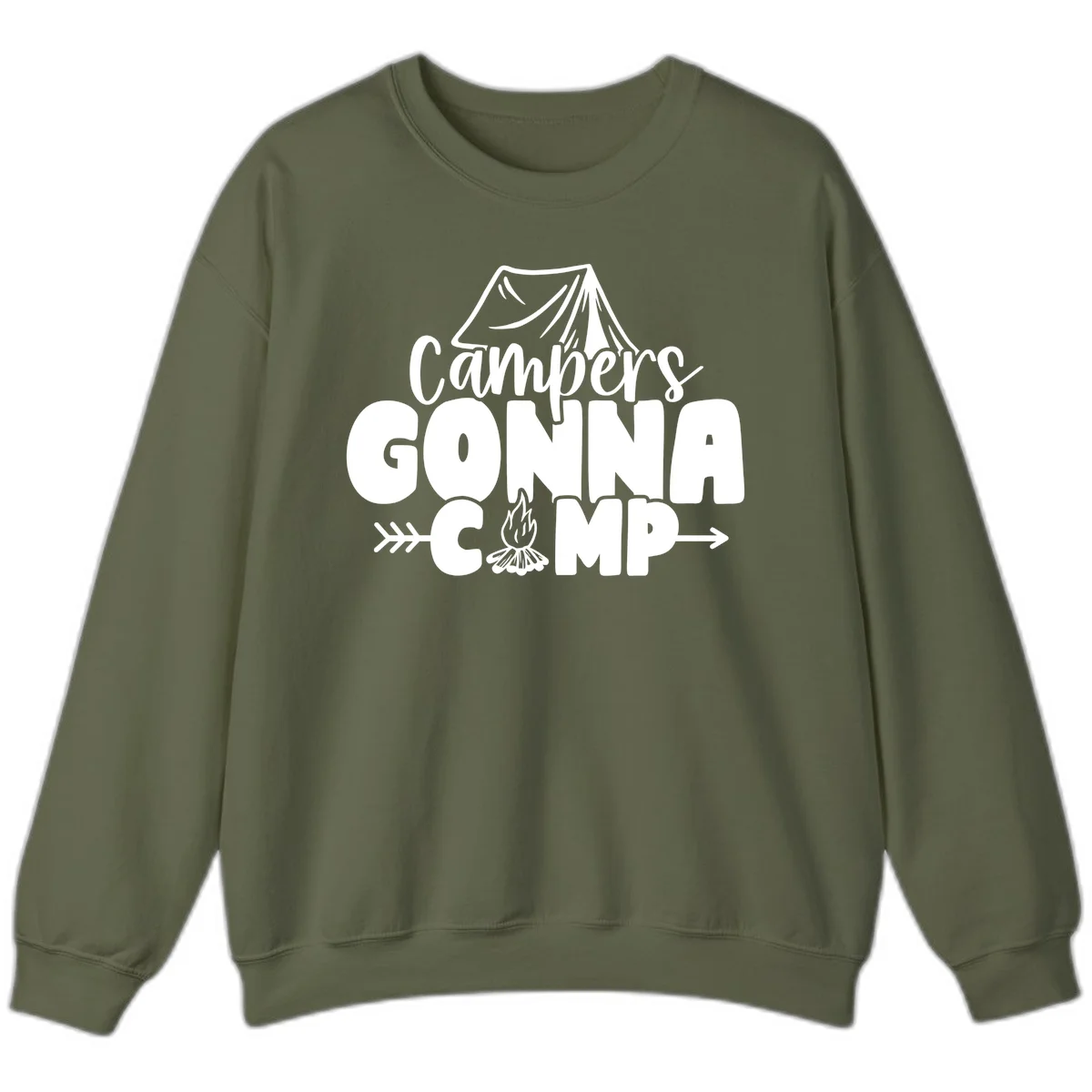 White text design reading 'Campers GONNA CAMP' with tent and campfire illustrations on gray background in Military Green