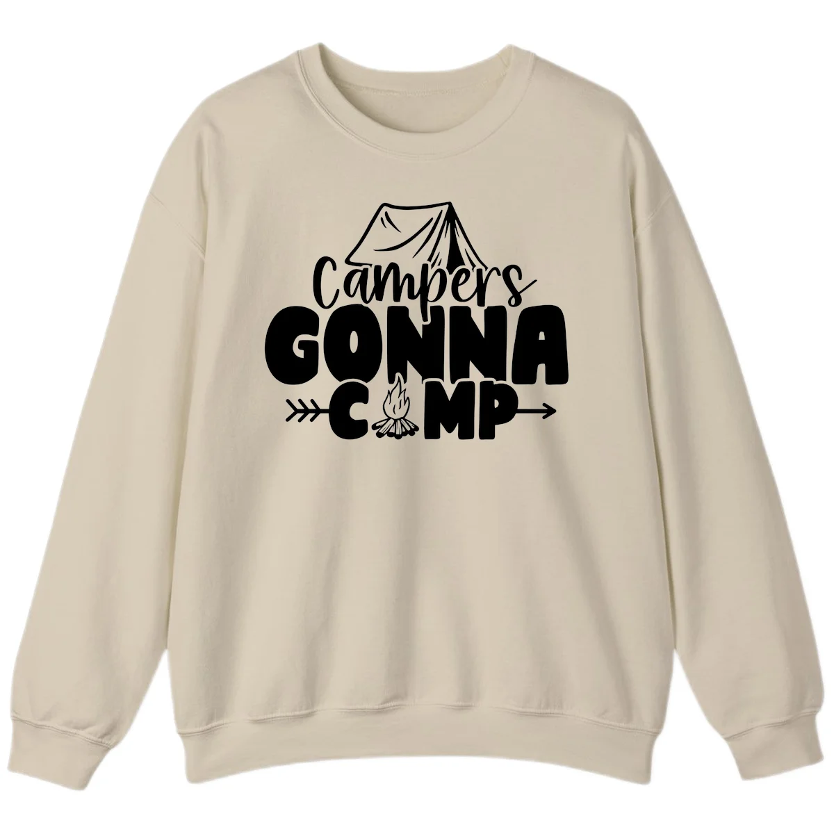 White text design reading 'Campers GONNA CAMP' with tent and campfire illustrations on gray background in Sand