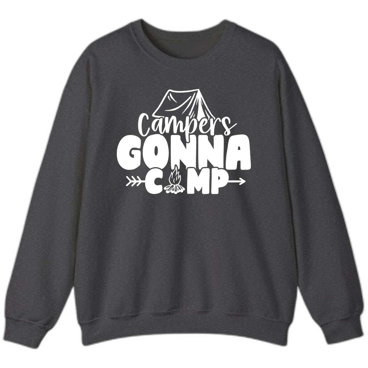 White text design reading 'Campers GONNA CAMP' with tent and campfire illustrations on gray background in Dark Heather