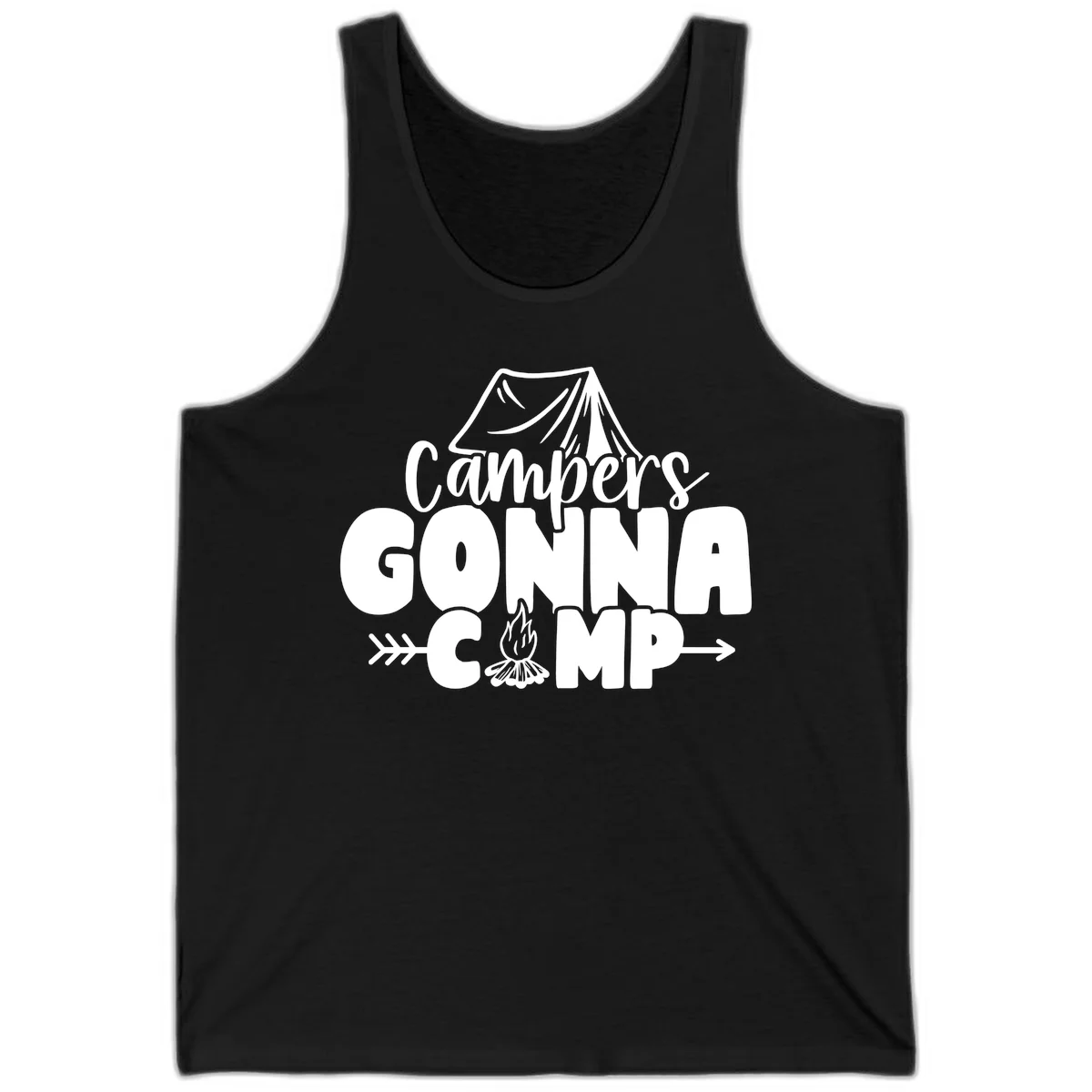White text design reading 'Campers GONNA CAMP' with tent and campfire illustrations on gray background in Black
