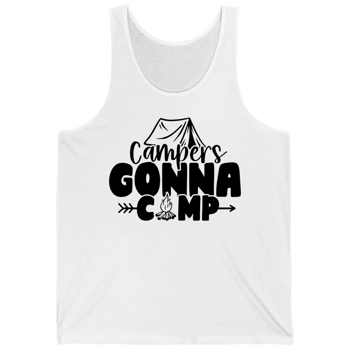 White text design reading 'Campers GONNA CAMP' with tent and campfire illustrations on gray background in White