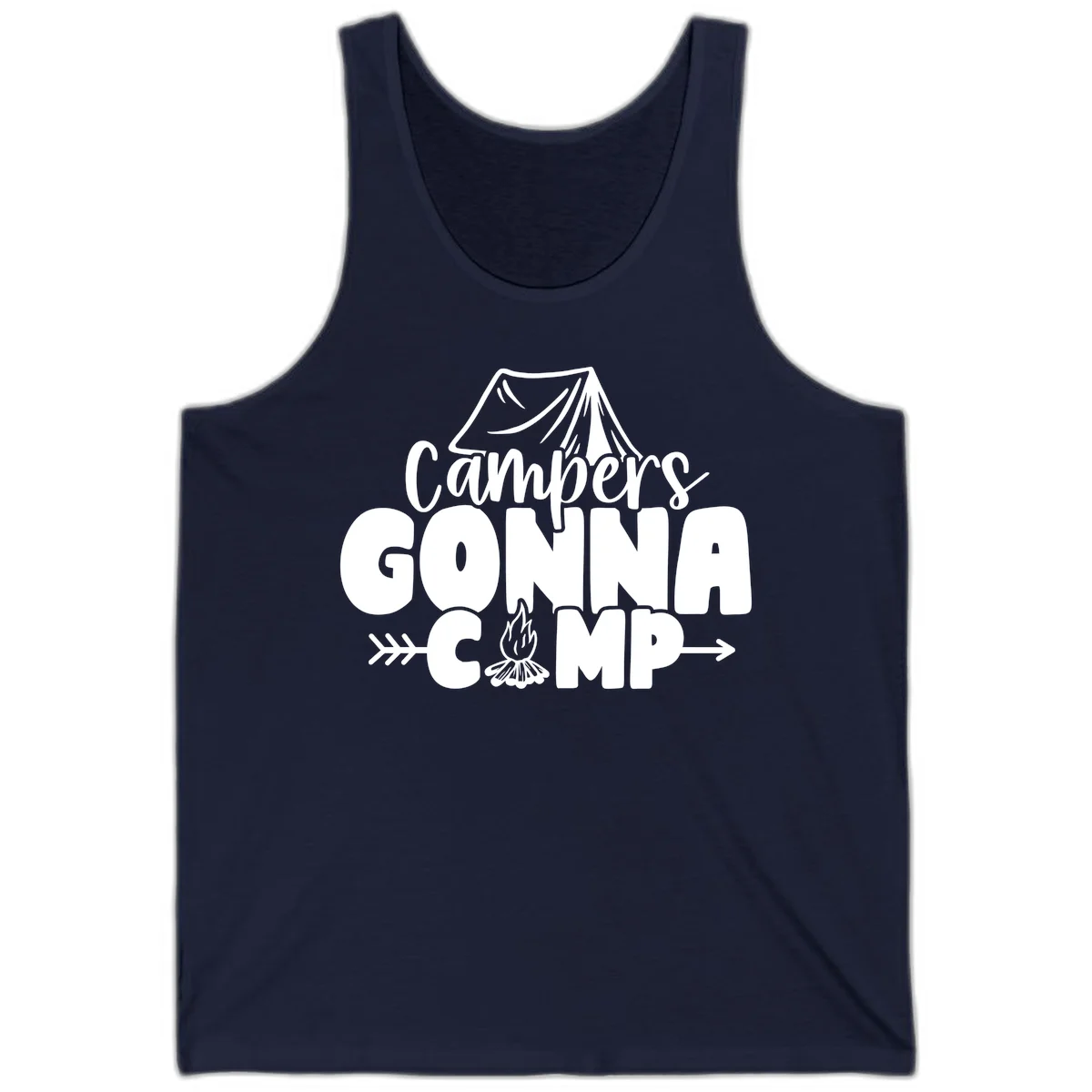 White text design reading 'Campers GONNA CAMP' with tent and campfire illustrations on gray background in Navy