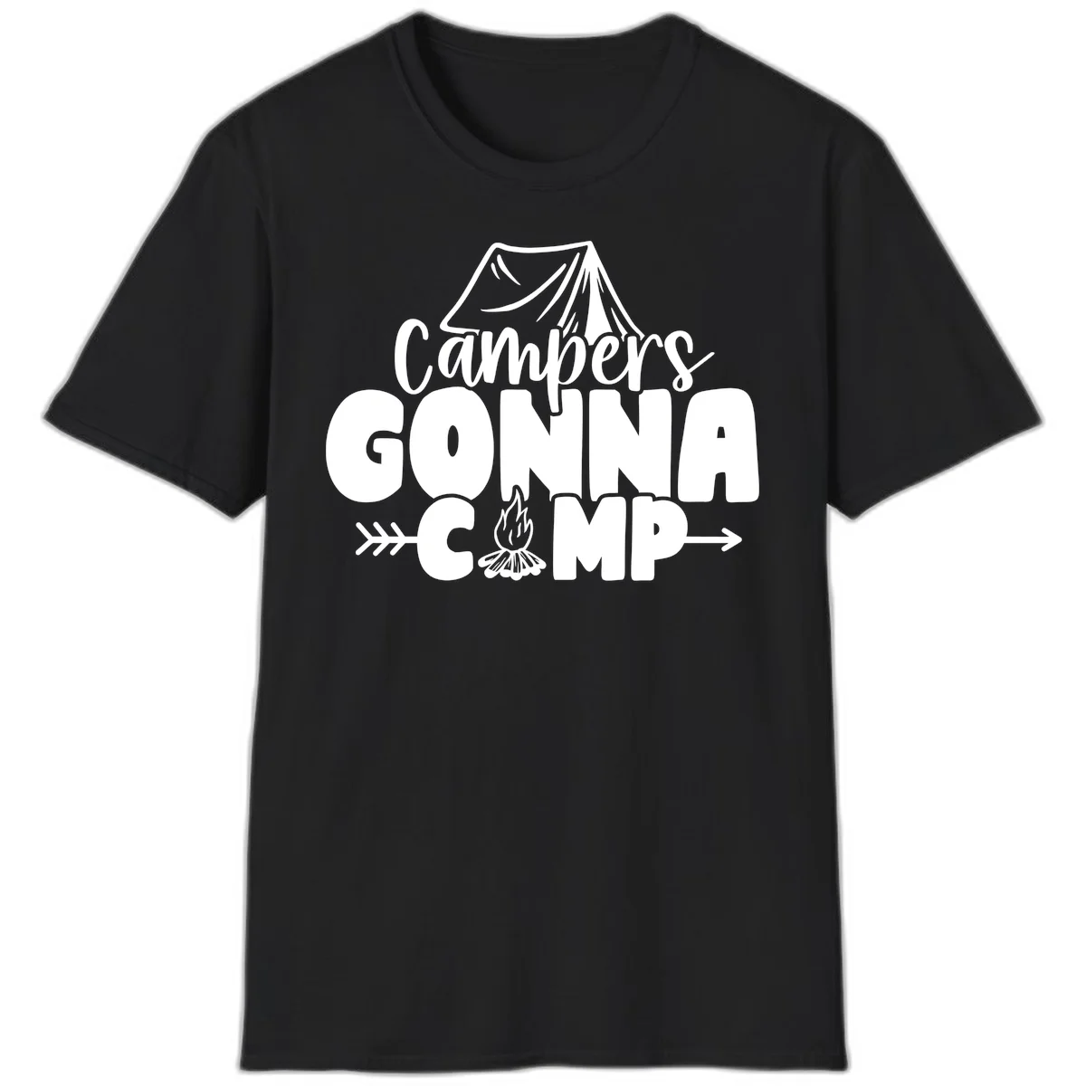 White text design reading 'Campers GONNA CAMP' with tent and campfire illustrations on gray background in Black