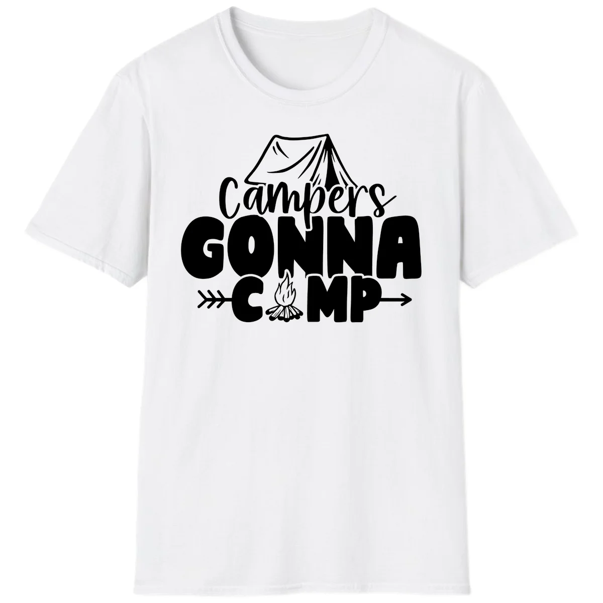 White text design reading 'Campers GONNA CAMP' with tent and campfire illustrations on gray background in White