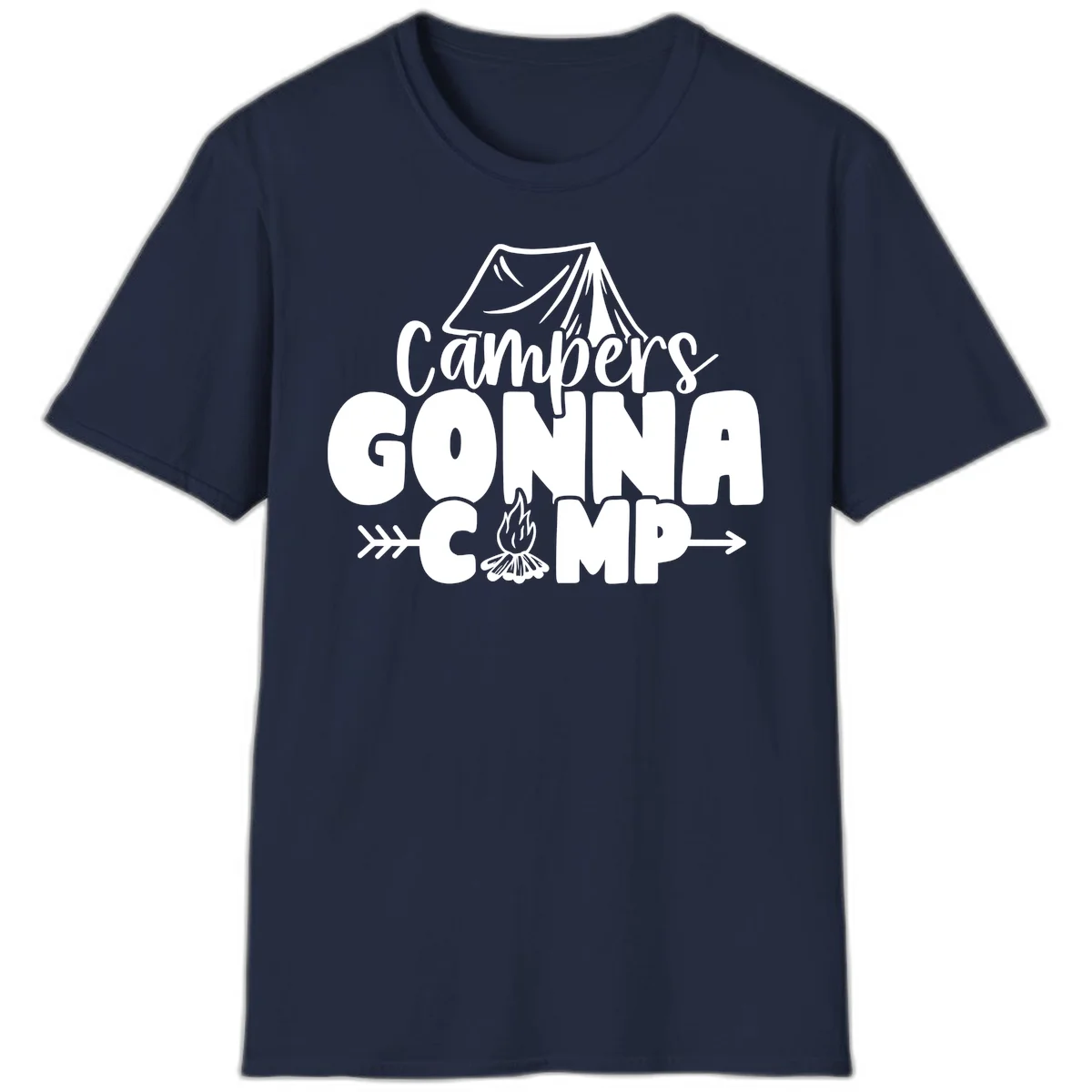 White text design reading 'Campers GONNA CAMP' with tent and campfire illustrations on gray background in Navy