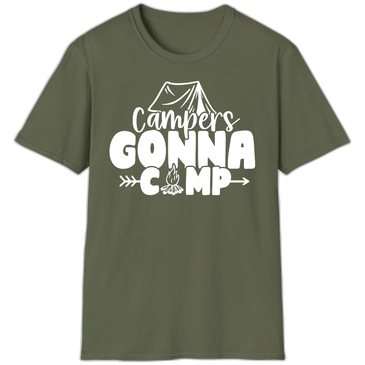 White text design reading 'Campers GONNA CAMP' with tent and campfire illustrations on gray background in Military Green