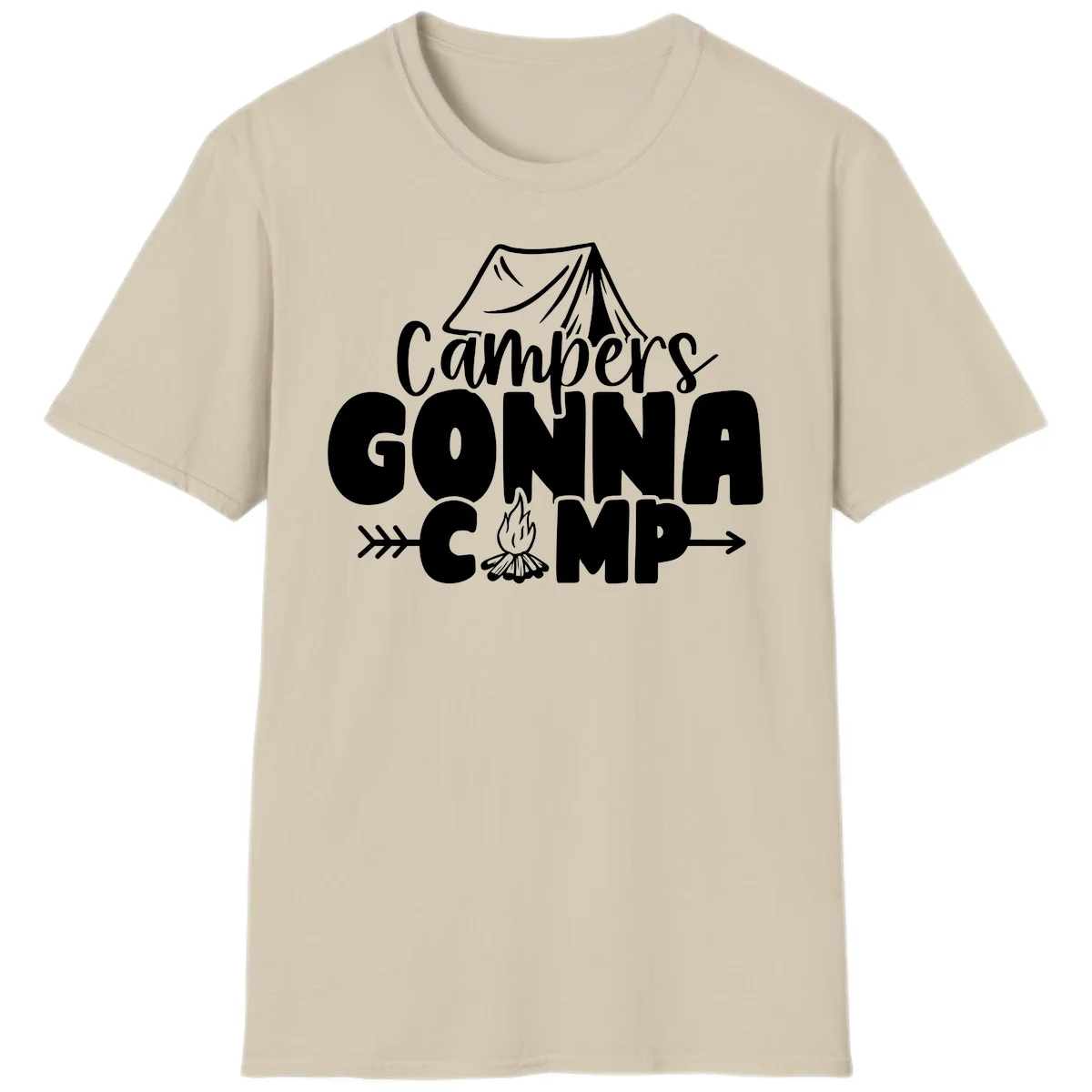 White text design reading 'Campers GONNA CAMP' with tent and campfire illustrations on gray background in Sand