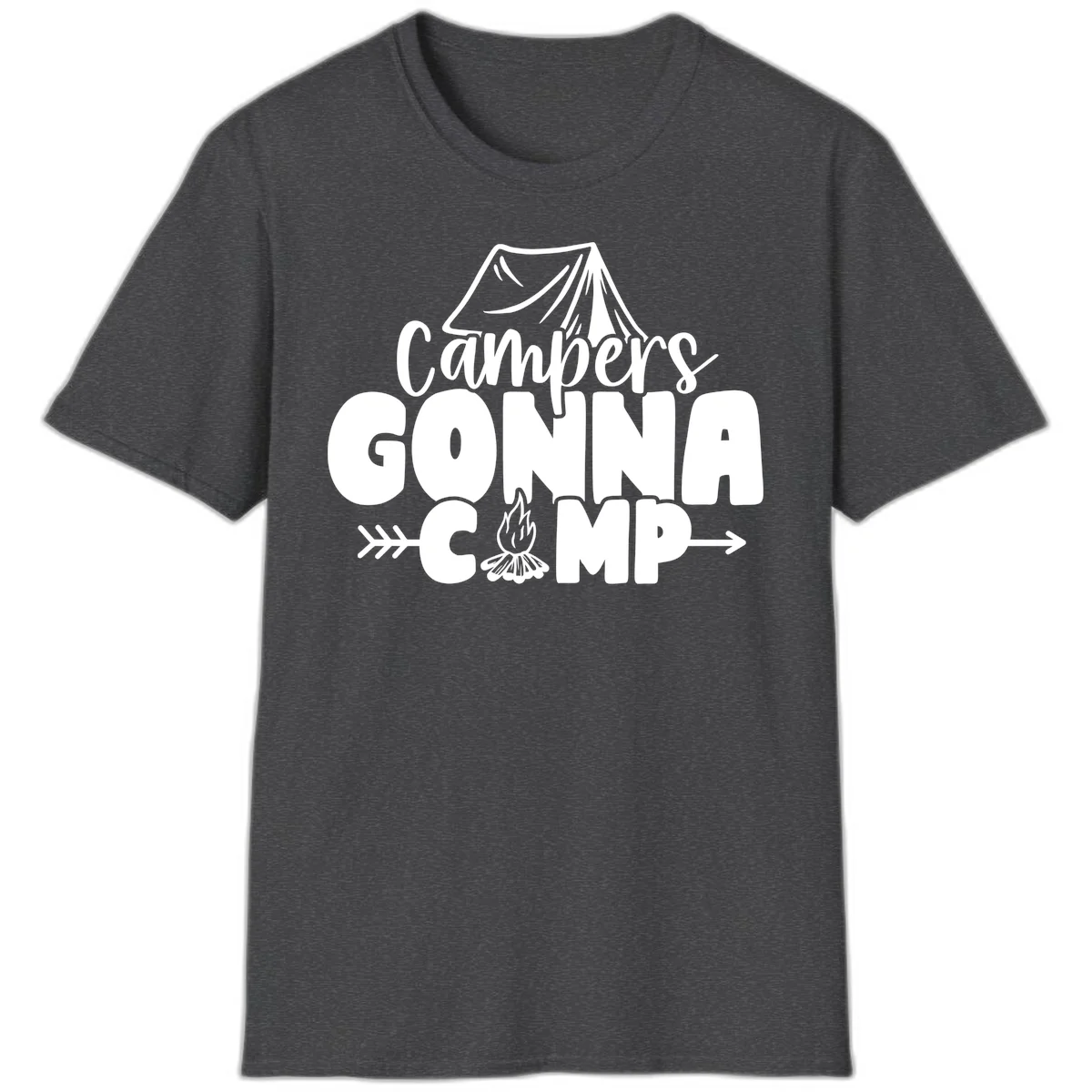 White text design reading 'Campers GONNA CAMP' with tent and campfire illustrations on gray background in Dark Heather