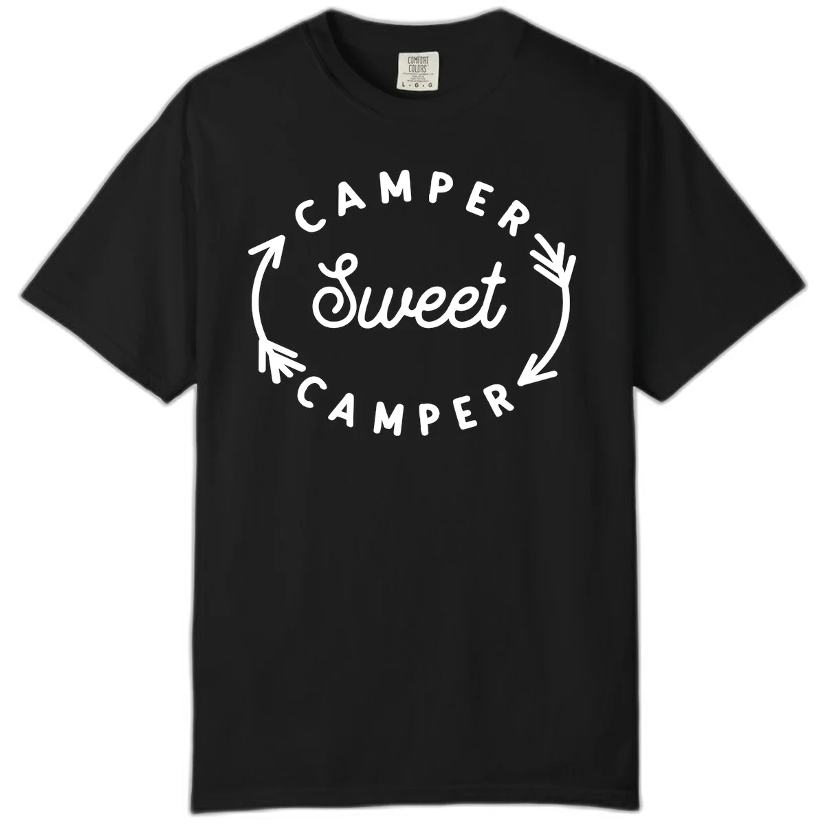 Circular badge design with 'Camper Sweet Camper' text and pine branch decorations in white on gray background in Black